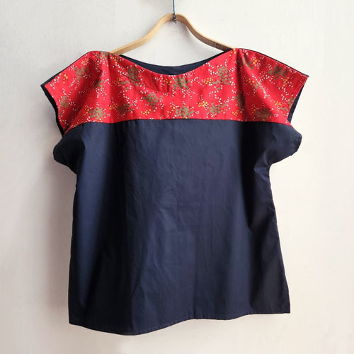 Navy Two Tone vintage Top Red floral with Green Bursts