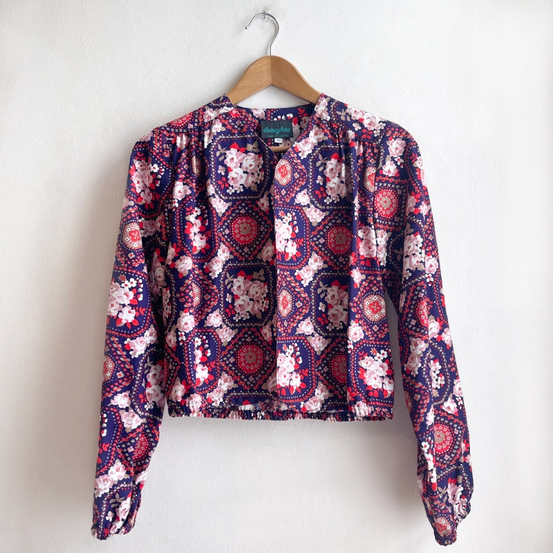 Long Sleeve Bolero Navy and Red Geometric Floral Cotton