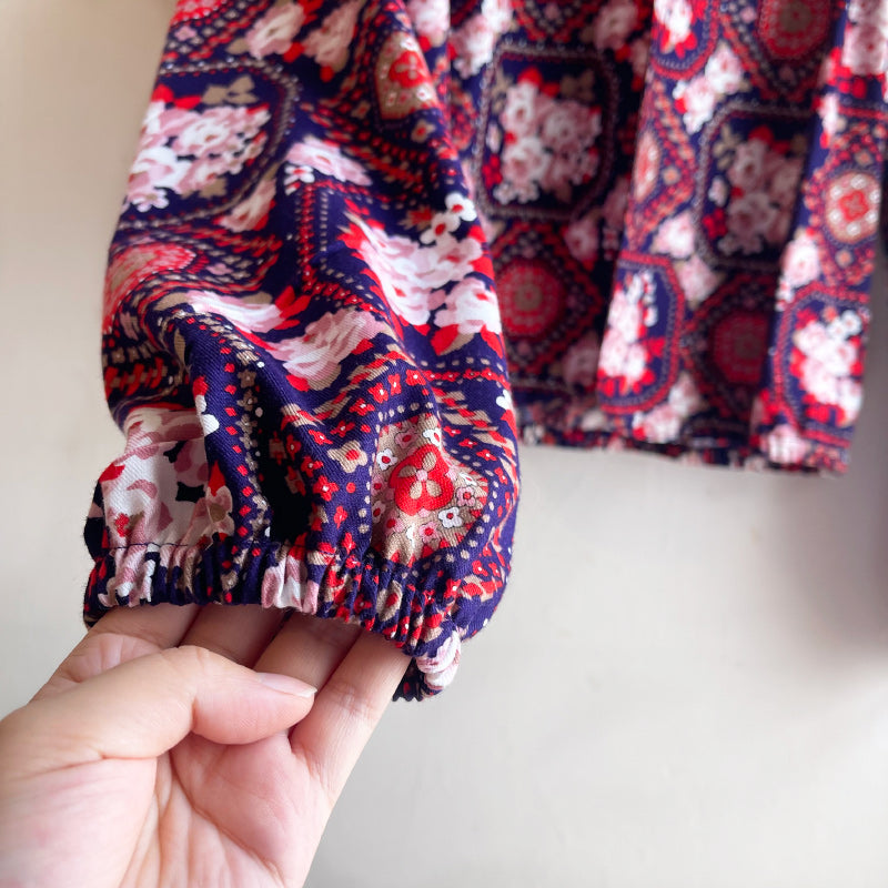 Long Sleeve Bolero Navy and Red Geometric Floral Cotton