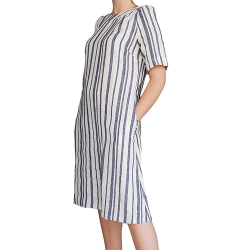 Dragstar Rolled Cuff Dress - striped linen Ethical womens fashion made in Sydney